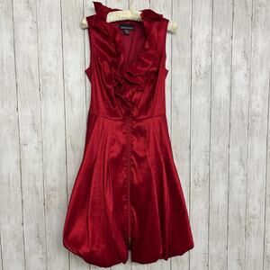 Frank Lyman Red Shiny Bubble Hem Belted Ruffle Sexy Zip Up Cocktail Party Dress